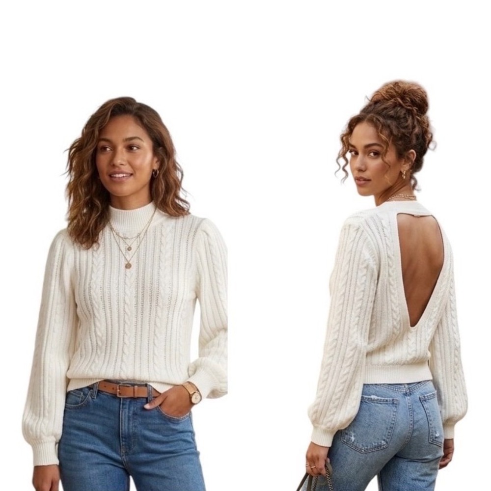 Gestuz RawanGZ Cream Organic Cotton Cable Knit Open Back Puff Sleeve Sweater M